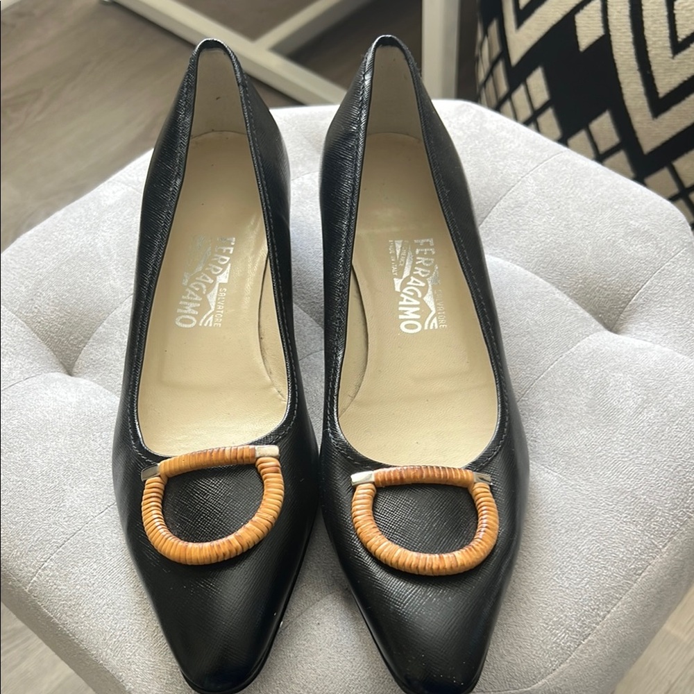 Salvatore Ferragamo Black and Tan Heels